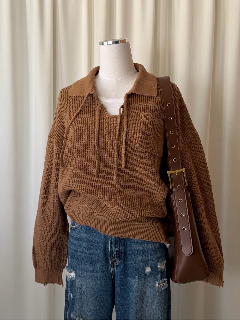 Found Tie-Collar Knit Distressed Sweater in Brown size Medium.